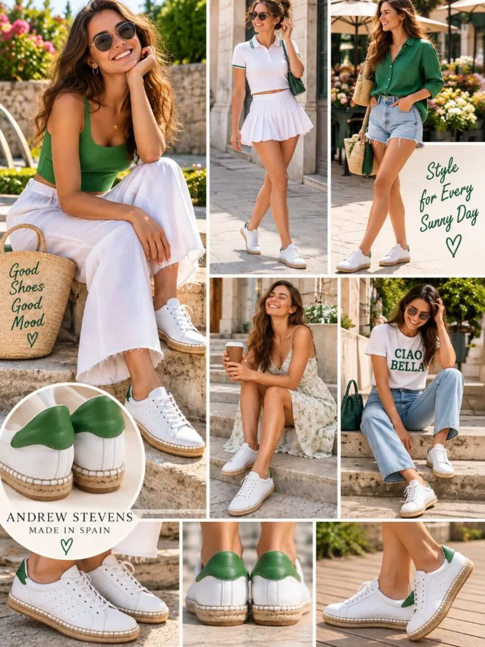 Andrew Stevens Made in Spa White Leather Espadrille Sneakers Green Heel Size 36